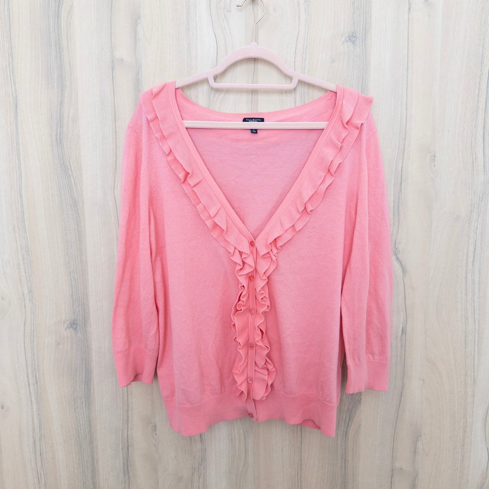 Talbots Womens Pima Cotton Cardigan L Pink Ruffle 3/4 Sleeve Romantic Feminine